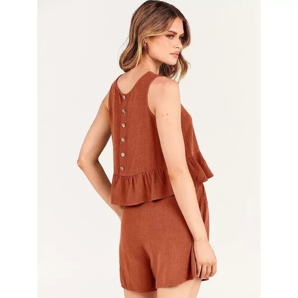 imageANRABESS Womens Summer 2 Piece Outfits Shorts Sets Sleeveless Ruffle Crop Top Tank and Drawstring Shorts RomperRust