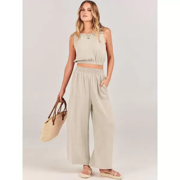 imageANRABESS Womens Summer 2 Piece Outfits Sleeveless Round Neck Crop Top Tank and High Waisted Pants Jumpsuit Lounge SetApricot