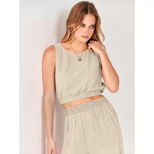 imageANRABESS Womens Summer 2 Piece Outfits Sleeveless Round Neck Crop Top Tank and High Waisted Pants Jumpsuit Lounge SetApricot