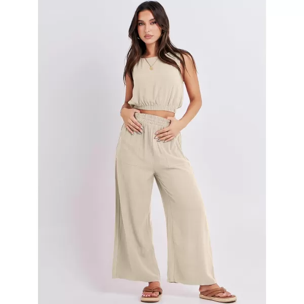 imageANRABESS Womens Summer 2 Piece Outfits Sleeveless Round Neck Crop Top Tank and High Waisted Pants Jumpsuit Lounge SetApricot