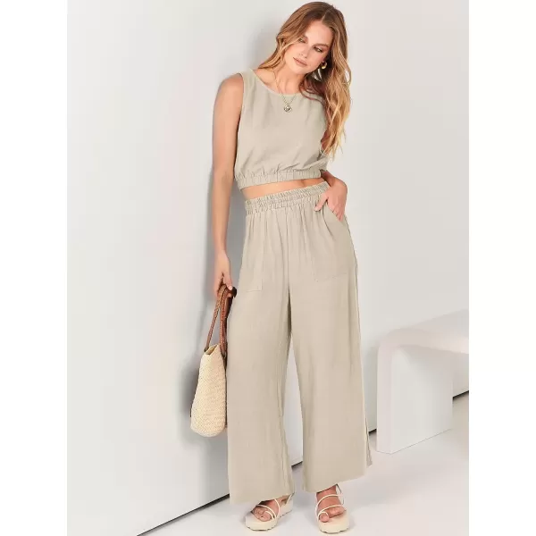 imageANRABESS Womens Summer 2 Piece Outfits Sleeveless Round Neck Crop Top Tank and High Waisted Pants Jumpsuit Lounge SetApricot