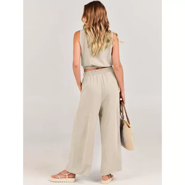 imageANRABESS Womens Summer 2 Piece Outfits Sleeveless Round Neck Crop Top Tank and High Waisted Pants Jumpsuit Lounge SetApricot