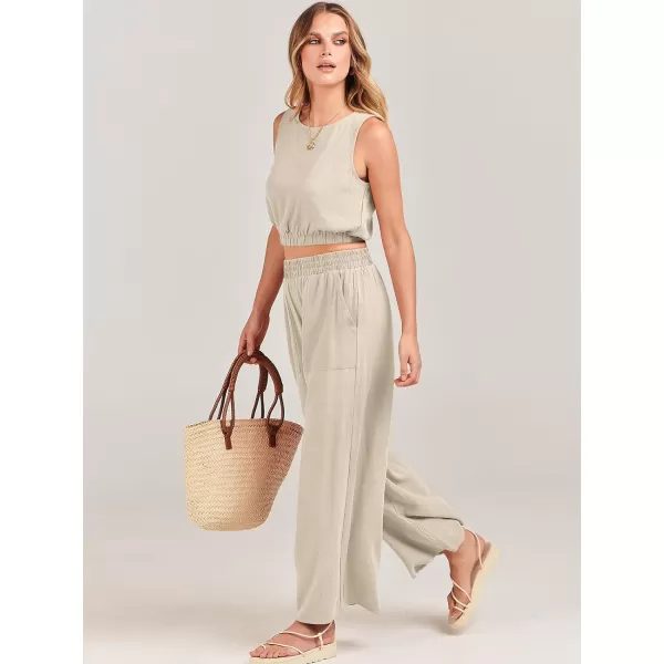 imageANRABESS Womens Summer 2 Piece Outfits Sleeveless Round Neck Crop Top Tank and High Waisted Pants Jumpsuit Lounge SetApricot