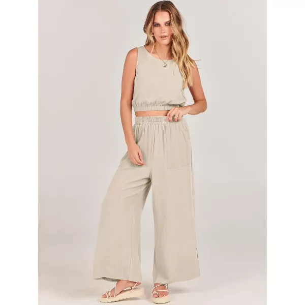 imageANRABESS Womens Summer 2 Piece Outfits Sleeveless Round Neck Crop Top Tank and High Waisted Pants Jumpsuit Lounge SetApricot