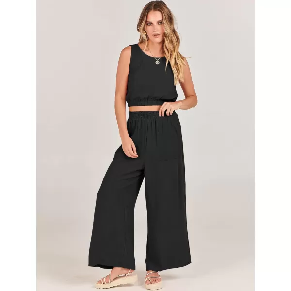imageANRABESS Womens Summer 2 Piece Outfits Sleeveless Round Neck Crop Top Tank and High Waisted Pants Jumpsuit Lounge SetBlack