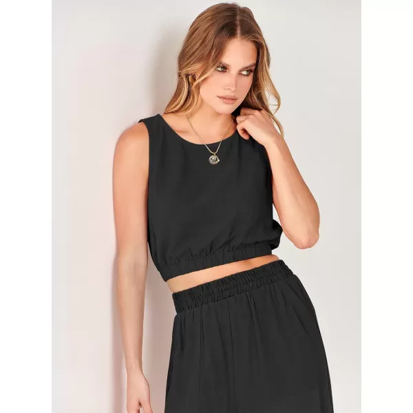 imageANRABESS Womens Summer 2 Piece Outfits Sleeveless Round Neck Crop Top Tank and High Waisted Pants Jumpsuit Lounge SetBlack