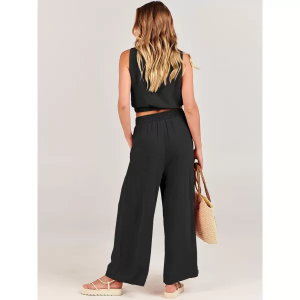 imageANRABESS Womens Summer 2 Piece Outfits Sleeveless Round Neck Crop Top Tank and High Waisted Pants Jumpsuit Lounge SetBlack