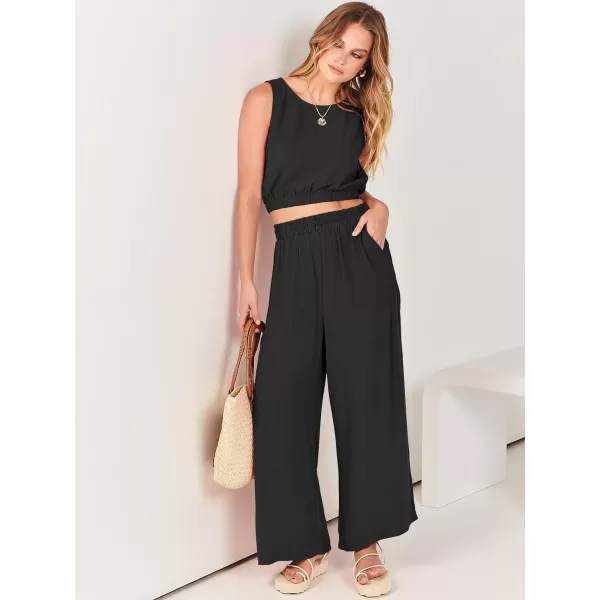 imageANRABESS Womens Summer 2 Piece Outfits Sleeveless Round Neck Crop Top Tank and High Waisted Pants Jumpsuit Lounge SetBlack