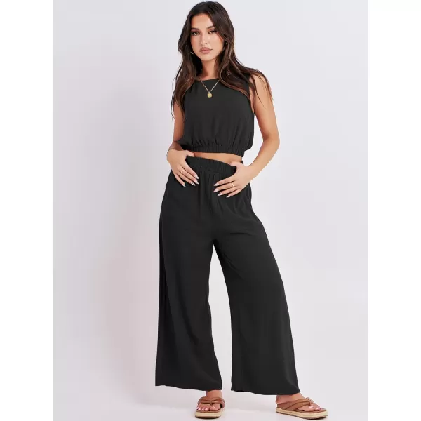imageANRABESS Womens Summer 2 Piece Outfits Sleeveless Round Neck Crop Top Tank and High Waisted Pants Jumpsuit Lounge SetBlack