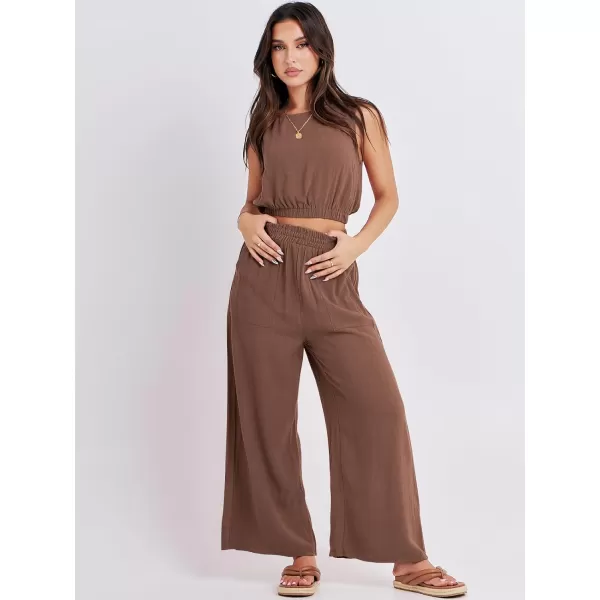 imageANRABESS Womens Summer 2 Piece Outfits Sleeveless Round Neck Crop Top Tank and High Waisted Pants Jumpsuit Lounge SetBrown