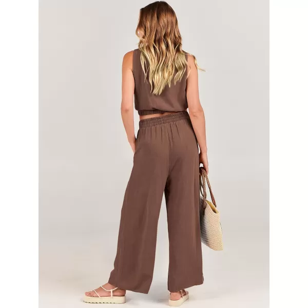 imageANRABESS Womens Summer 2 Piece Outfits Sleeveless Round Neck Crop Top Tank and High Waisted Pants Jumpsuit Lounge SetBrown