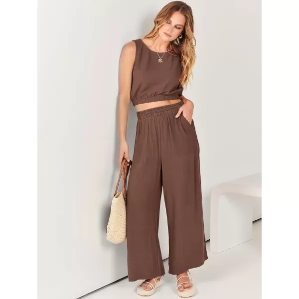 imageANRABESS Womens Summer 2 Piece Outfits Sleeveless Round Neck Crop Top Tank and High Waisted Pants Jumpsuit Lounge SetBrown