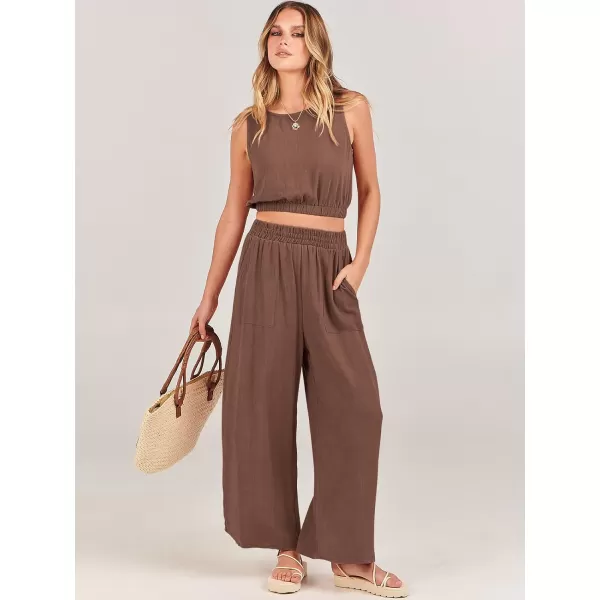 imageANRABESS Womens Summer 2 Piece Outfits Sleeveless Round Neck Crop Top Tank and High Waisted Pants Jumpsuit Lounge SetBrown