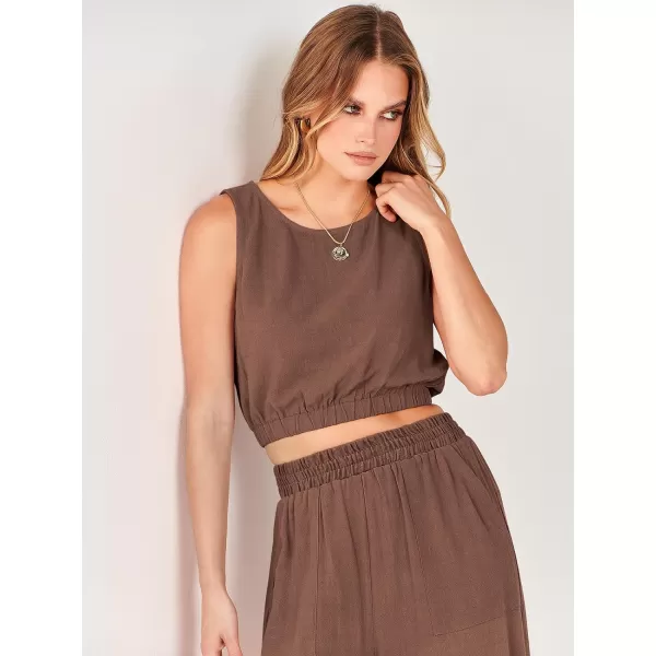 imageANRABESS Womens Summer 2 Piece Outfits Sleeveless Round Neck Crop Top Tank and High Waisted Pants Jumpsuit Lounge SetBrown