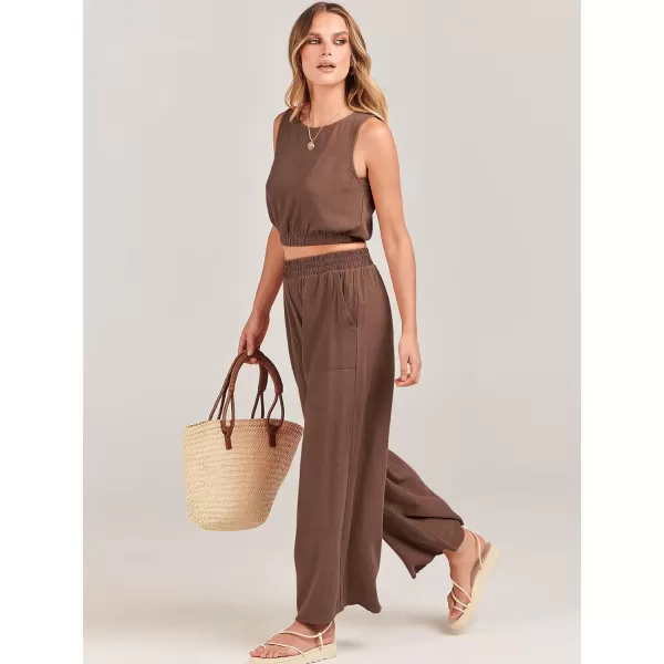 imageANRABESS Womens Summer 2 Piece Outfits Sleeveless Round Neck Crop Top Tank and High Waisted Pants Jumpsuit Lounge SetBrown