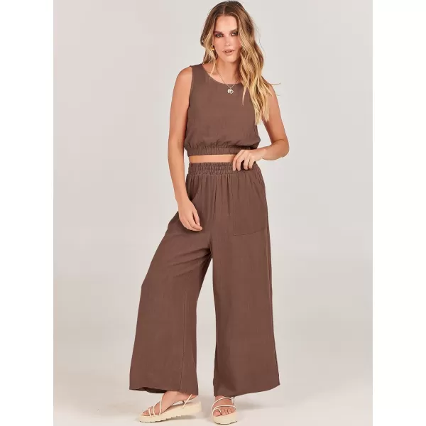 imageANRABESS Womens Summer 2 Piece Outfits Sleeveless Round Neck Crop Top Tank and High Waisted Pants Jumpsuit Lounge SetBrown