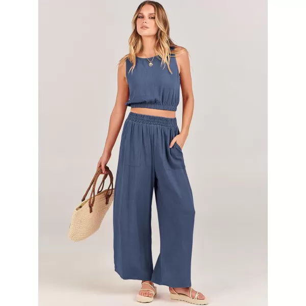 imageANRABESS Womens Summer 2 Piece Outfits Sleeveless Round Neck Crop Top Tank and High Waisted Pants Jumpsuit Lounge SetDeep Blue