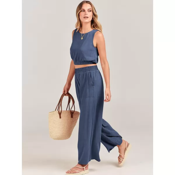 imageANRABESS Womens Summer 2 Piece Outfits Sleeveless Round Neck Crop Top Tank and High Waisted Pants Jumpsuit Lounge SetDeep Blue