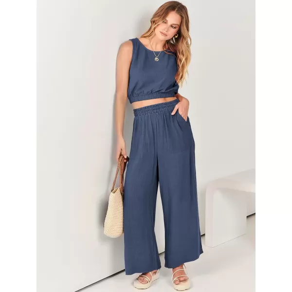 imageANRABESS Womens Summer 2 Piece Outfits Sleeveless Round Neck Crop Top Tank and High Waisted Pants Jumpsuit Lounge SetDeep Blue