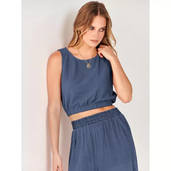 imageANRABESS Womens Summer 2 Piece Outfits Sleeveless Round Neck Crop Top Tank and High Waisted Pants Jumpsuit Lounge SetDeep Blue