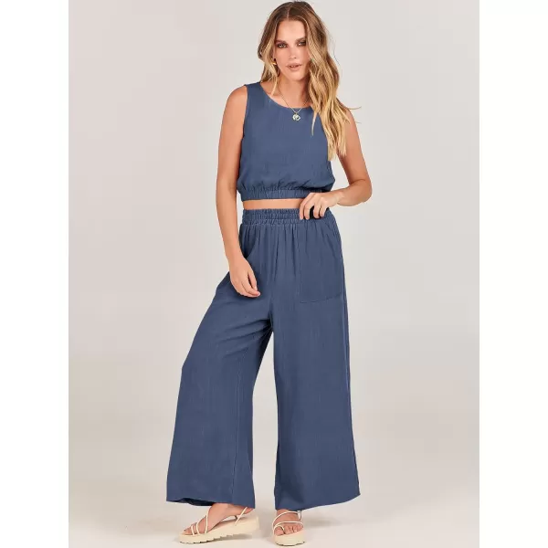 imageANRABESS Womens Summer 2 Piece Outfits Sleeveless Round Neck Crop Top Tank and High Waisted Pants Jumpsuit Lounge SetDeep Blue
