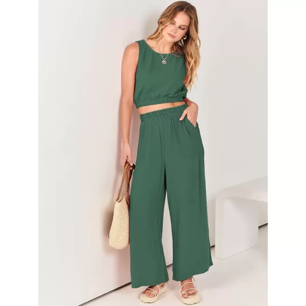 imageANRABESS Womens Summer 2 Piece Outfits Sleeveless Round Neck Crop Top Tank and High Waisted Pants Jumpsuit Lounge SetGreen