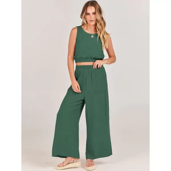 imageANRABESS Womens Summer 2 Piece Outfits Sleeveless Round Neck Crop Top Tank and High Waisted Pants Jumpsuit Lounge SetGreen