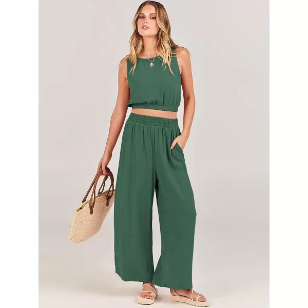 imageANRABESS Womens Summer 2 Piece Outfits Sleeveless Round Neck Crop Top Tank and High Waisted Pants Jumpsuit Lounge SetGreen