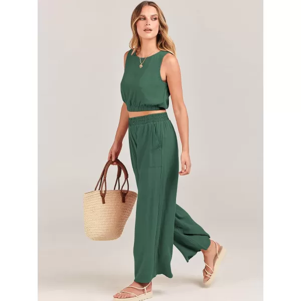 imageANRABESS Womens Summer 2 Piece Outfits Sleeveless Round Neck Crop Top Tank and High Waisted Pants Jumpsuit Lounge SetGreen