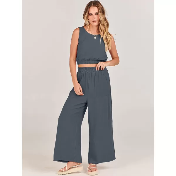imageANRABESS Womens Summer 2 Piece Outfits Sleeveless Round Neck Crop Top Tank and High Waisted Pants Jumpsuit Lounge SetGrey
