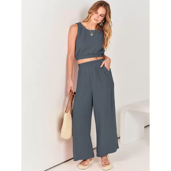 imageANRABESS Womens Summer 2 Piece Outfits Sleeveless Round Neck Crop Top Tank and High Waisted Pants Jumpsuit Lounge SetGrey