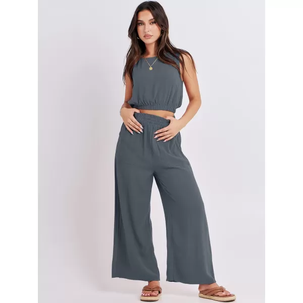 imageANRABESS Womens Summer 2 Piece Outfits Sleeveless Round Neck Crop Top Tank and High Waisted Pants Jumpsuit Lounge SetGrey