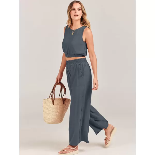 imageANRABESS Womens Summer 2 Piece Outfits Sleeveless Round Neck Crop Top Tank and High Waisted Pants Jumpsuit Lounge SetGrey