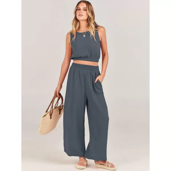 imageANRABESS Womens Summer 2 Piece Outfits Sleeveless Round Neck Crop Top Tank and High Waisted Pants Jumpsuit Lounge SetGrey