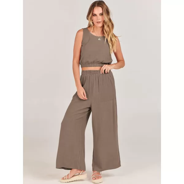 imageANRABESS Womens Summer 2 Piece Outfits Sleeveless Round Neck Crop Top Tank and High Waisted Pants Jumpsuit Lounge SetKhaki