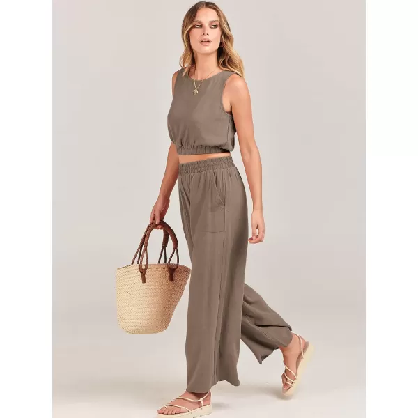 imageANRABESS Womens Summer 2 Piece Outfits Sleeveless Round Neck Crop Top Tank and High Waisted Pants Jumpsuit Lounge SetKhaki