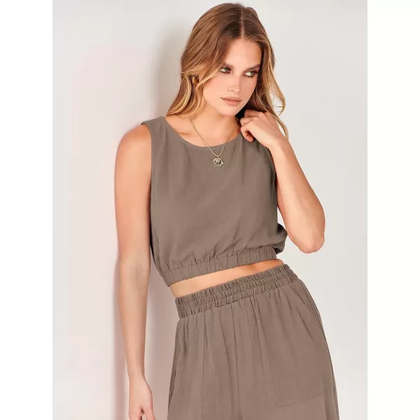 imageANRABESS Womens Summer 2 Piece Outfits Sleeveless Round Neck Crop Top Tank and High Waisted Pants Jumpsuit Lounge SetKhaki