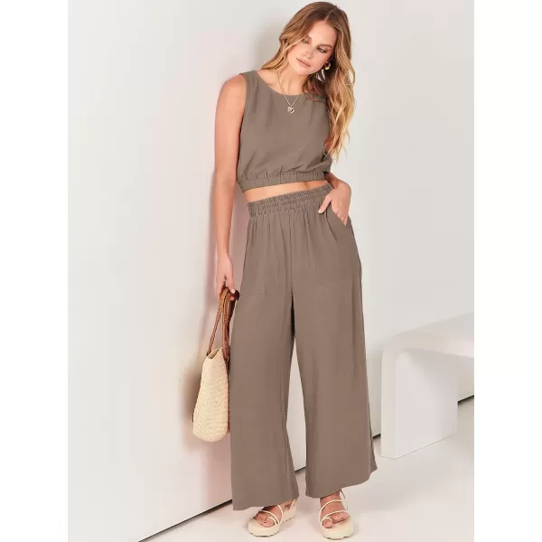 imageANRABESS Womens Summer 2 Piece Outfits Sleeveless Round Neck Crop Top Tank and High Waisted Pants Jumpsuit Lounge SetKhaki