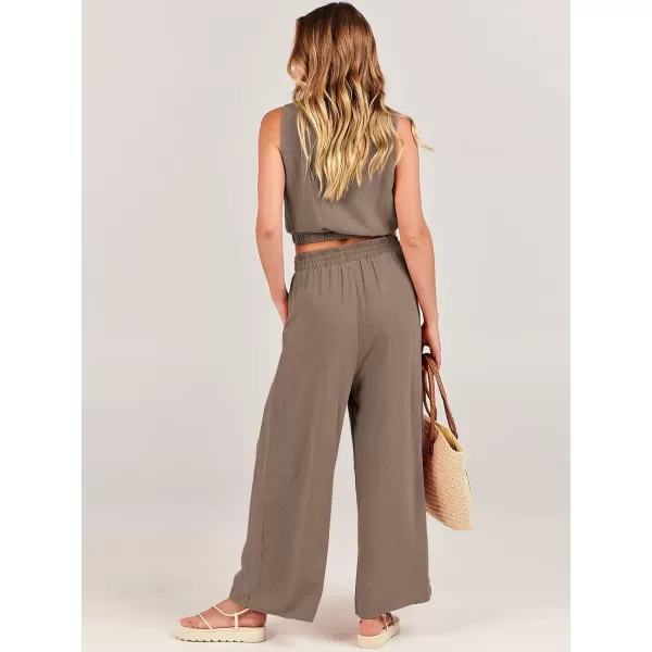 imageANRABESS Womens Summer 2 Piece Outfits Sleeveless Round Neck Crop Top Tank and High Waisted Pants Jumpsuit Lounge SetKhaki