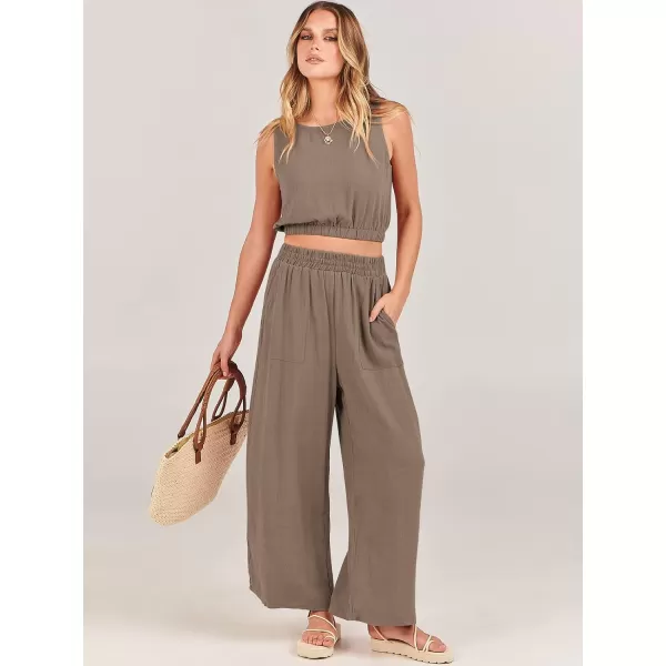 imageANRABESS Womens Summer 2 Piece Outfits Sleeveless Round Neck Crop Top Tank and High Waisted Pants Jumpsuit Lounge SetKhaki