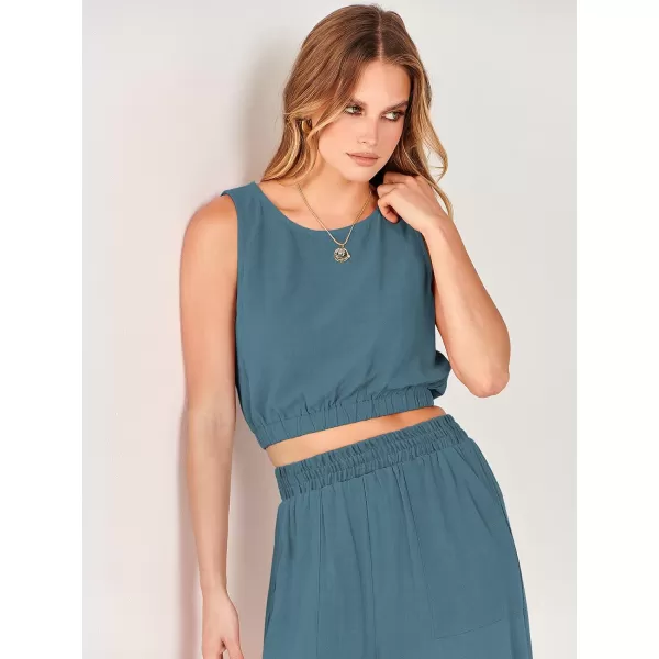 imageANRABESS Womens Summer 2 Piece Outfits Sleeveless Round Neck Crop Top Tank and High Waisted Pants Jumpsuit Lounge SetLake