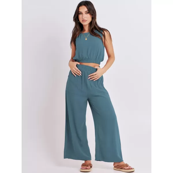 imageANRABESS Womens Summer 2 Piece Outfits Sleeveless Round Neck Crop Top Tank and High Waisted Pants Jumpsuit Lounge SetLake