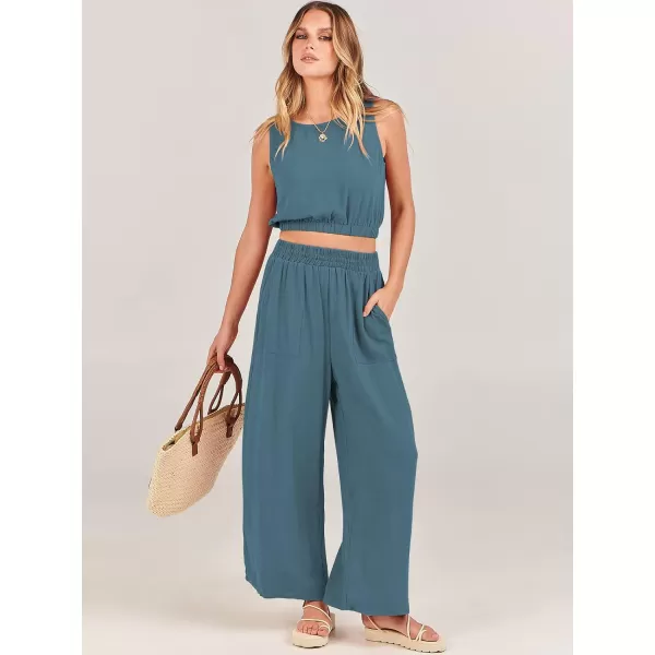 imageANRABESS Womens Summer 2 Piece Outfits Sleeveless Round Neck Crop Top Tank and High Waisted Pants Jumpsuit Lounge SetLake