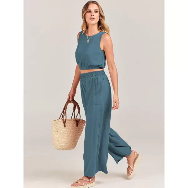 imageANRABESS Womens Summer 2 Piece Outfits Sleeveless Round Neck Crop Top Tank and High Waisted Pants Jumpsuit Lounge SetLake