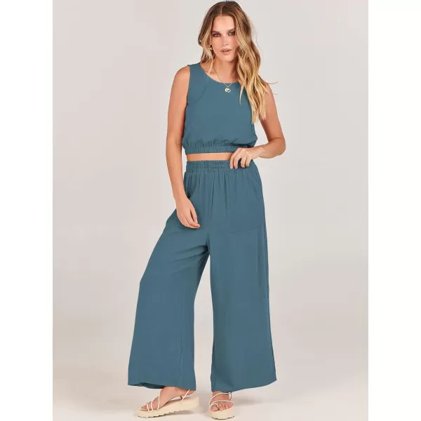 imageANRABESS Womens Summer 2 Piece Outfits Sleeveless Round Neck Crop Top Tank and High Waisted Pants Jumpsuit Lounge SetLake