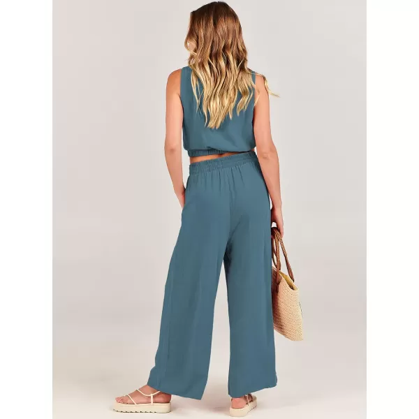 imageANRABESS Womens Summer 2 Piece Outfits Sleeveless Round Neck Crop Top Tank and High Waisted Pants Jumpsuit Lounge SetLake