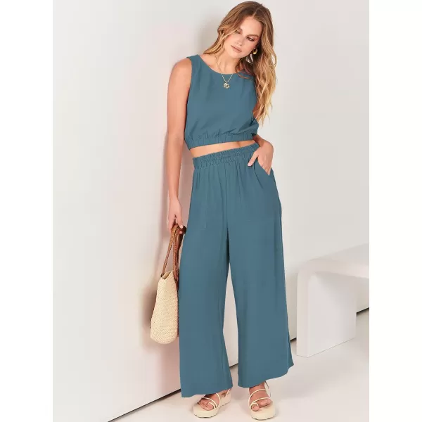 imageANRABESS Womens Summer 2 Piece Outfits Sleeveless Round Neck Crop Top Tank and High Waisted Pants Jumpsuit Lounge SetLake
