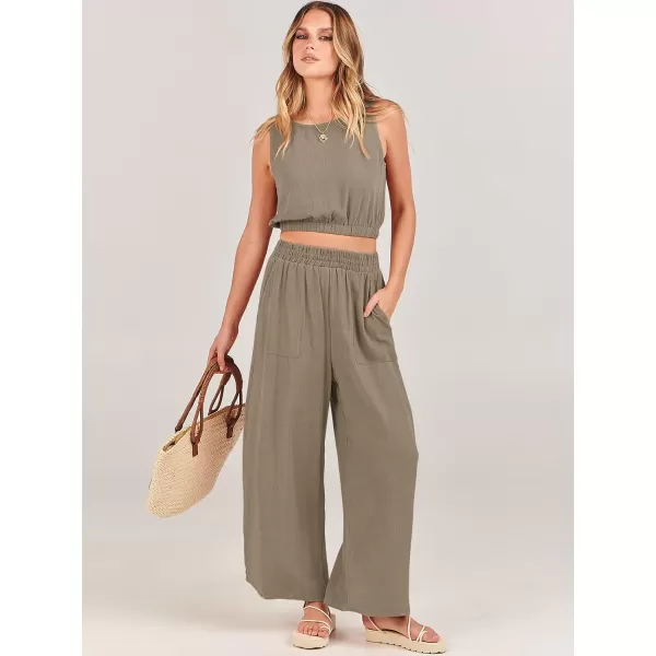 imageANRABESS Womens Summer 2 Piece Outfits Sleeveless Round Neck Crop Top Tank and High Waisted Pants Jumpsuit Lounge SetLight Brown