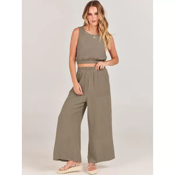 imageANRABESS Womens Summer 2 Piece Outfits Sleeveless Round Neck Crop Top Tank and High Waisted Pants Jumpsuit Lounge SetLight Brown