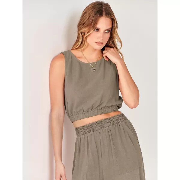 imageANRABESS Womens Summer 2 Piece Outfits Sleeveless Round Neck Crop Top Tank and High Waisted Pants Jumpsuit Lounge SetLight Brown